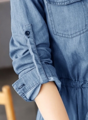 Long Sleeve Elastic Waist Denim Dress With Blet