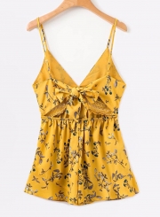 Fashion Spaghetti Strap Floral Printing V Neck Short Jumpsuits