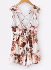 Fashion Back Cross Lace Up Floral Printing Deep V Neck Jumpsuits