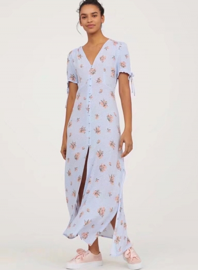 V Neck Floral Printed  Slit Dress for Women zecalaba.com