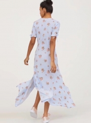 V Neck Floral Printed  Slit Dress for Women