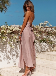 Fashion Sexy Spaghetti Strap Backless Slit Lace-up Maxi Dress