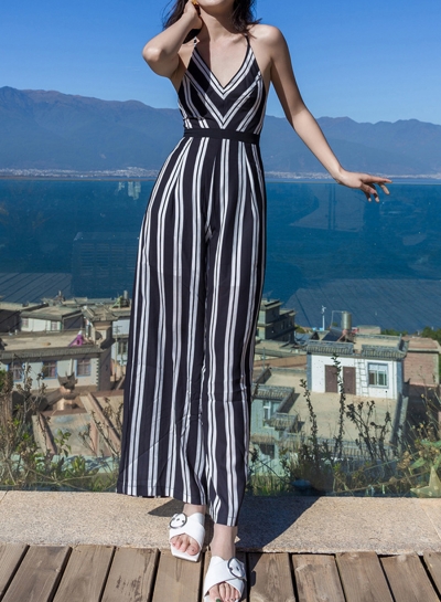 Fashion Sexy Slim Sleeveless Striped Backless Lace-up Jumpsuits zecalaba.com