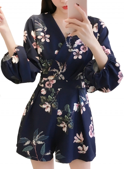 Fashion Floral Printed Shir High Waist V Neck Wide Leg Jumpsuits