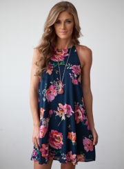 Fashion Chiffon Floral Printed Sleeveless Off The Shoulder Dress