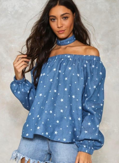 Fashion Loose Halter Long Sleeve Off The Shoulder Women Denim Blouse zecalaba.com