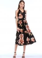 Fashion Sexy Floral Printed Sleeveless Backless V Neck Midi Dress