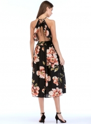 Fashion Sexy Floral Printed Sleeveless Backless V Neck Midi Dress