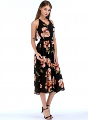 Fashion Sexy Floral Printed Sleeveless Backless V Neck Midi Dress