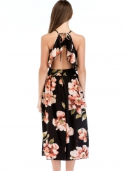 Fashion Sexy Floral Printed Sleeveless Backless V Neck Midi Dress