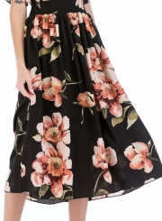 Fashion Sexy Floral Printed Sleeveless Backless V Neck Midi Dress