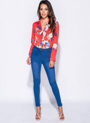 fashion Sexy Floral Printed Long Sleeve V Neck Skinny Jumpsuits