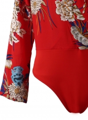 fashion Sexy Floral Printed Long Sleeve V Neck Skinny Jumpsuits