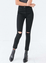 Fashion Slim High Waist Skinny Knee Hole Denim Pencil Pants