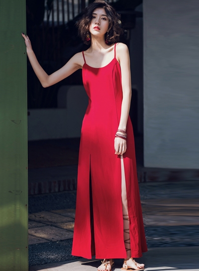 Fashion Solid Vintage Spaghetti Strap Backless Slit Maxi Dress zecalaba.com