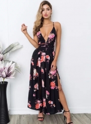 Fashion Floral Printed Strap Backless Deep V Neck Slit Women Jumpsuits