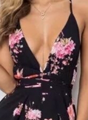 Fashion Floral Printed Strap Backless Deep V Neck Slit Women Jumpsuits