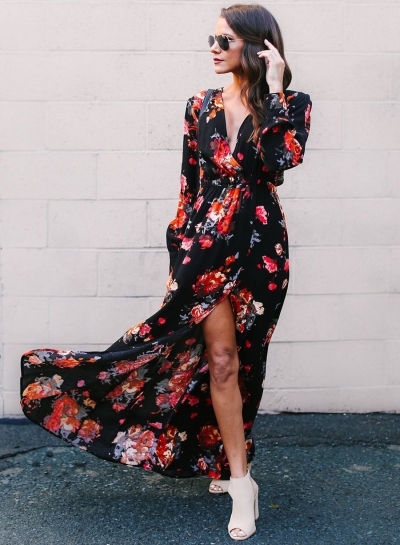 Spring Sexy Slit Floral printing Long Sleeve V Neck Maxi Dress