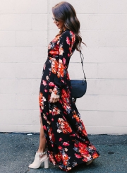 Spring Sexy Slit Floral printing Long Sleeve V Neck Maxi Dress