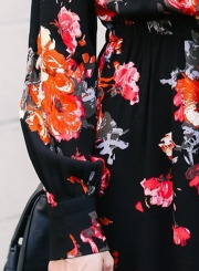 Spring Sexy Slit Floral printing Long Sleeve V Neck Maxi Dress