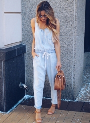 Sexy Sleeveless Tie Waist Round Neck Denim Women Jumpsuits With Buttons