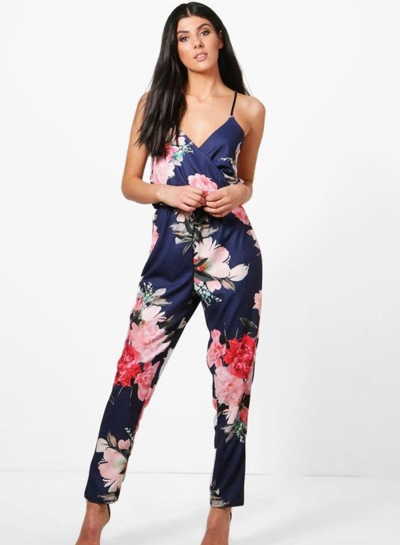 Fashion Floral Printed Strap V Neck Jumpsuits With Elastic Waist YOYOTSHOP.com