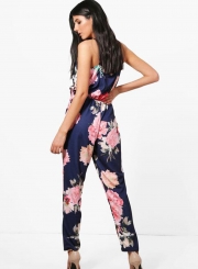 Fashion Floral Printed Strap V Neck Jumpsuits With Elastic Waist