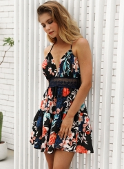 Fashion Floral Printed Spaghetti Stra Backless Hollowed Out Dress