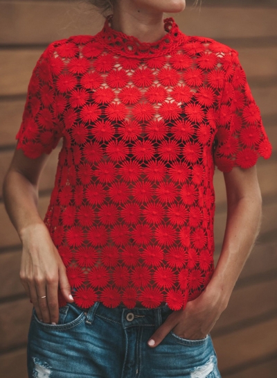 Fashion Solid Short Sleeve Floral lace Hollowed Out Tee Shirt zecalaba.com