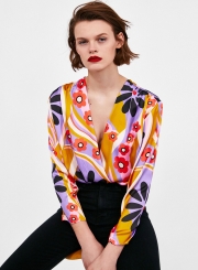 Fashion Summer Floral Printed Long Sleeve V Neck Women Jumpsuits