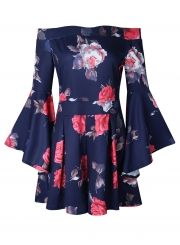 Fashion Sexy Floral Printed Off The Shoulder Flare Sleeve Women Jumpsuits