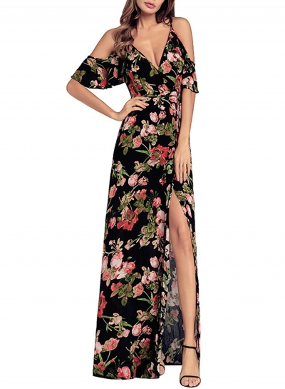 Floral Printed Lace-up Strap Off The Shoulder Short Sleeve Slit Maxi Dress