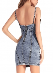 Fashion Sexy Denim Spaghetti Strap Round Neck Bodycon Dress With Zip