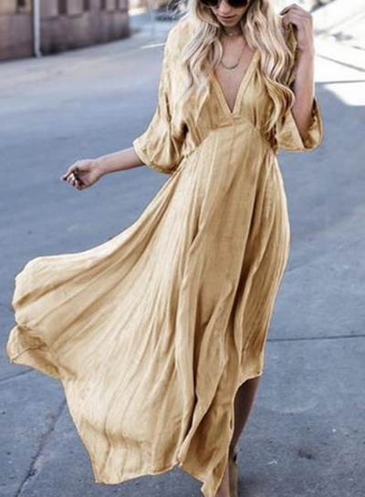 Fashion Concise Loose Solid Half Sleeve V Neck Maxi Dress