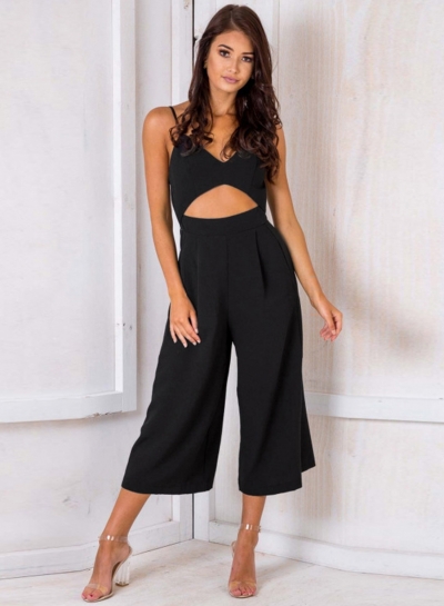 Fashion Sexy Solid Spaghetti Strap Sleeveless Backless V Neck Jumpsuits zecalaba.com