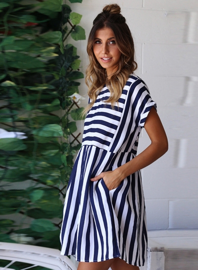 Fashion Striped Loose Short Sleeve Round Neck Women Dress