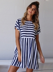 Fashion Striped Loose Short Sleeve Round Neck Women Dress