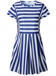 Fashion Striped Loose Short Sleeve Round Neck Women Dress