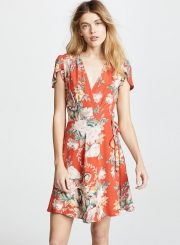 Fashion Floral Printed Lace-up Short Sleeve V Neck A-line Women Midi Dress