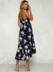 Fashion Sexy Iregular Floral Printed Spaghetti Strap Backless Midi Dress