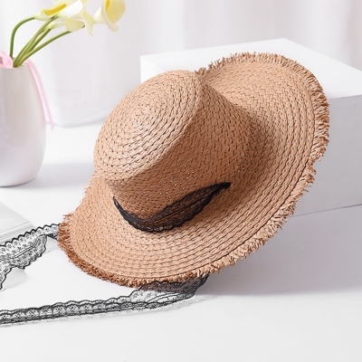 Fashion Casual Summer Wide Brim Straw Dome Sun Hat With Lace lonhooker.com