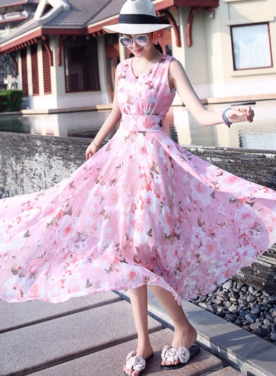 Fashion Floral Printed Sleeveless Elastic Waist V Neck Maxi Dress