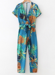 Casual Floral Printed Lace-up Short Sleeve V Neck Jumpsuits