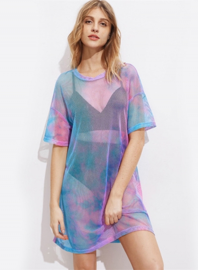 Fashion Sexy Loose Multi-color Gauze Short Sleeve Round Neck Women Dress