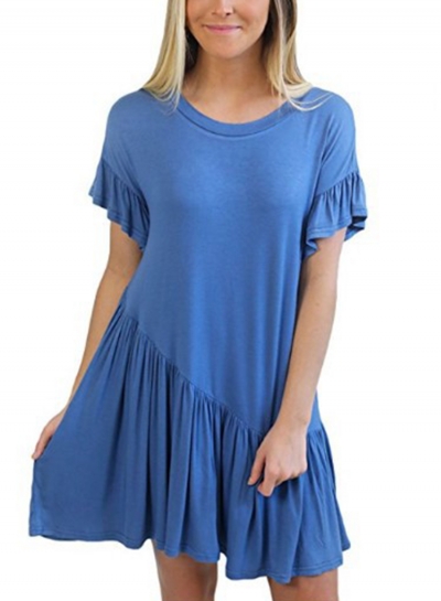 Casual Solid Flounced Short Sleeve Round Neck Dress zecalaba.com