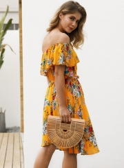 Sexy Boho Floral Printed One Shoulder Elastic Waist Midi Dress