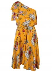 Sexy Boho Floral Printed One Shoulder Elastic Waist Midi Dress