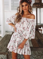 Fashion Casual Floral Printed Flare Sleeve Slash Neck Women Mini Dress