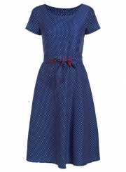 Vintage Tie Waist Short Sleeve Round Neck Dress With Polka Dots