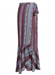 Fashion Irregular Boho Floral Printed Tie Waist Flounced Women Long Skirt